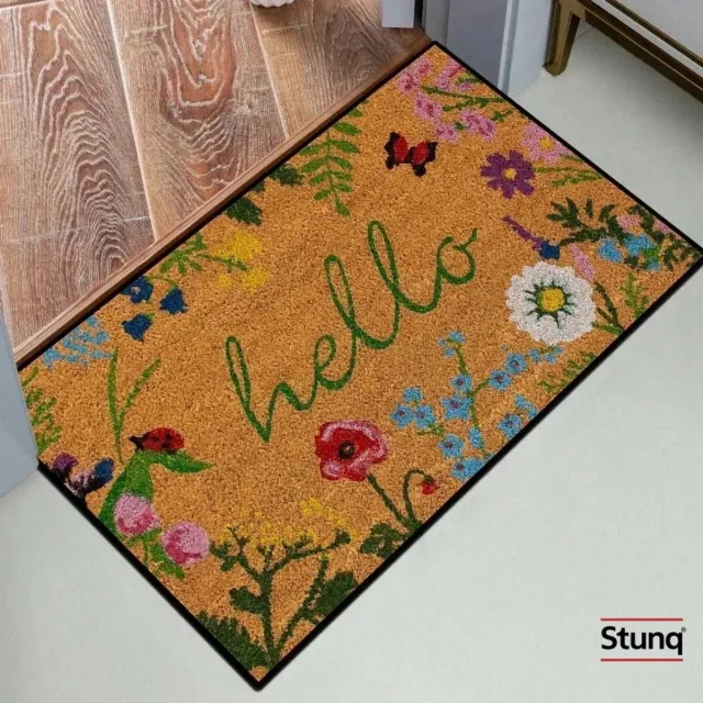 Stunq Hello Bloemen Deurmat – Antislip Kokosmat, Wasbaar Bruin