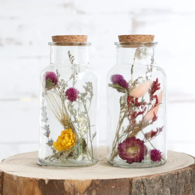 comforder Droogbloemen in Glas - Gedroogde Bloemen Boeket met Vaas - h.16 Ø8 cm - Set van 2 - Inclusief Vaas - In Fles Divers gekleurde droogbloemen