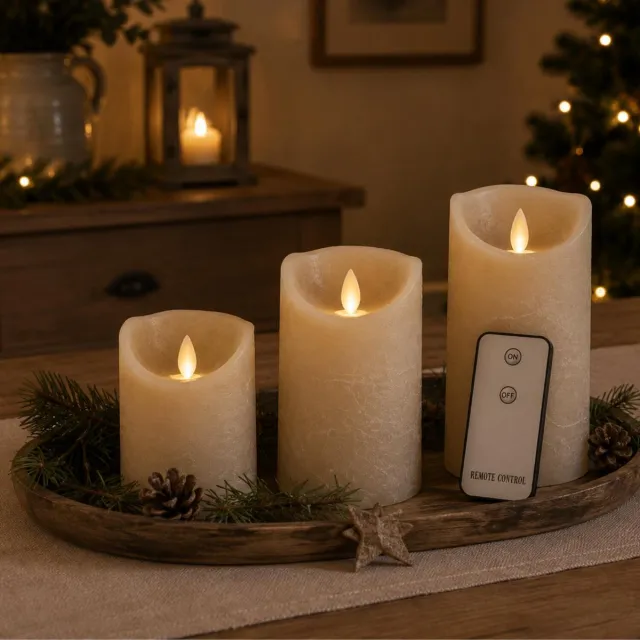 Anna's Collection LED kaarsen/stompkaarsen - 3x st - taupe - afstandsbediening - kaarsenset