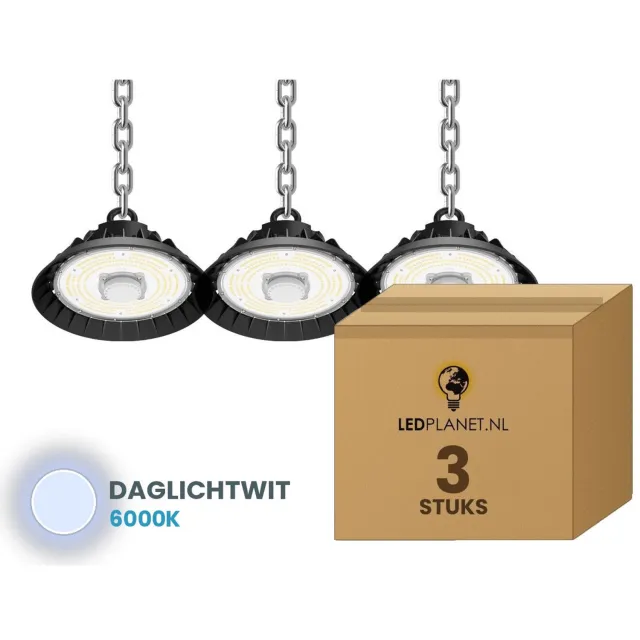 Tsong UFO Lamp - LED High Bay 100W - 15.000 lm - Daglichtwit 6000K - 3 stuks - Bewegingssensor - 0-10V Dimbaar - IP65 - Hal, Werkplaats- & Garageverlichting - 5 jaar garantie