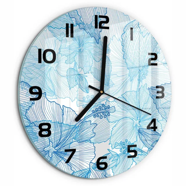 TULUP Wandklok - Hawaiiaanse bloemen Glazen Wandklok Design - fi30 cm - Blauw Klok Glas Met Opdruk - Zwarte handen - Ronde Klok - Wandklok Glas Met Motief - Decoratieve Glazen Klok