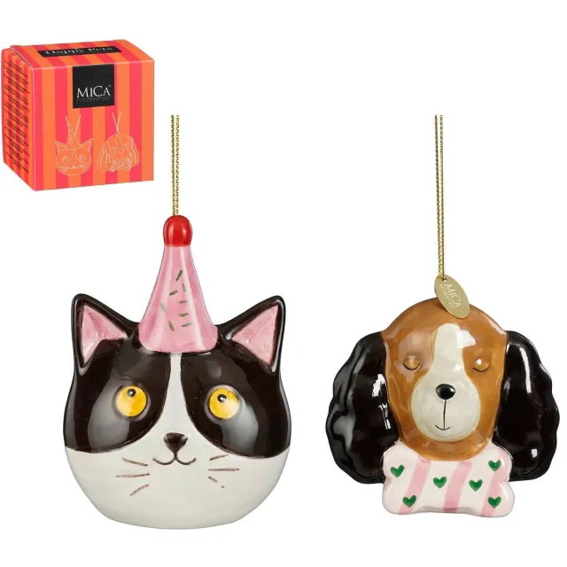 Mica Decorations kerstornament cadeau set - kat - hond (2 stuks) Wit, bruin