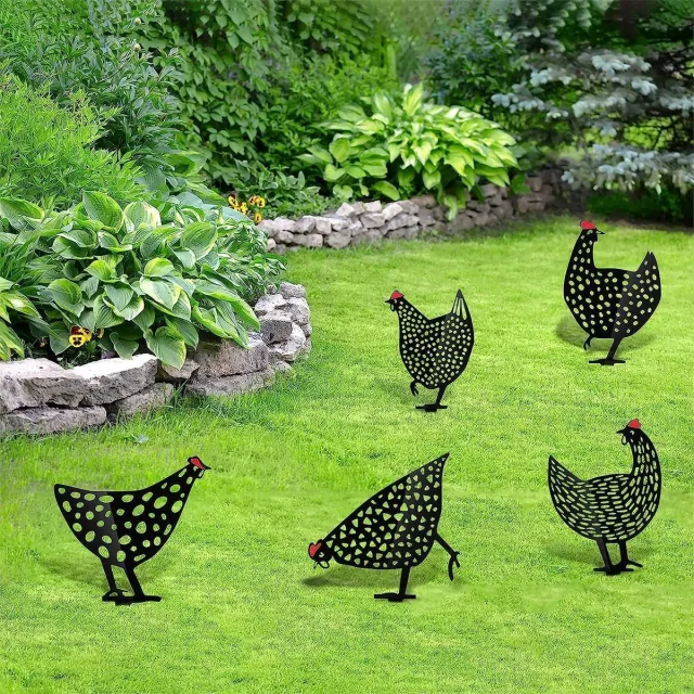 OEMG Decoratieve Kip Silhouet Dierenfiguren voor Tuin - Buitenornament - Geschikt voor Pastorale Gazon Tuindecoratie - Zwart Ijzeren Metaal - Set van 5