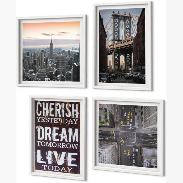 Coloray 4-Delige Schilderij Set - Landschappen Van New York City Met Een Inspirerend Citaat - 40 x 40 En 40 x 60 - Moderne Wanddecoratie - Woonkamer - Stijlvolle Muurdecoratie Witte lijst