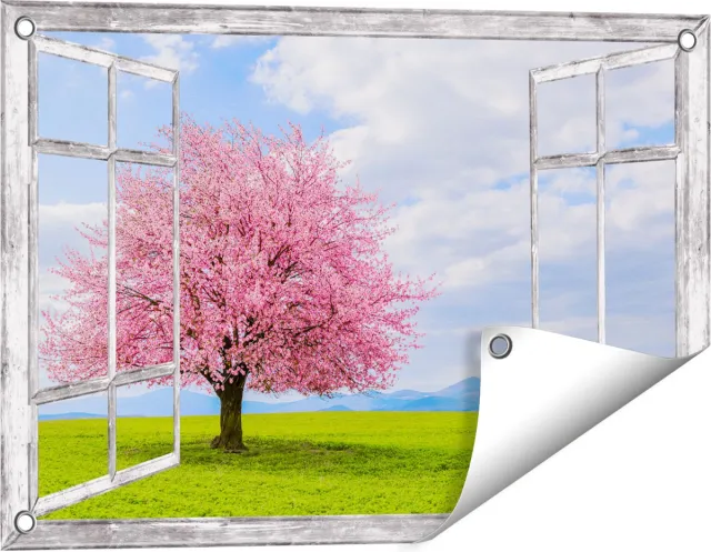 Gards Tuinposter Doorkijk Roze Sakura Bloesem Boom in het Groene Veld - 60x40 cm - Tuindoek - Tuindecoratie - Wanddecoratie buiten - Tuinschilderij Grijs