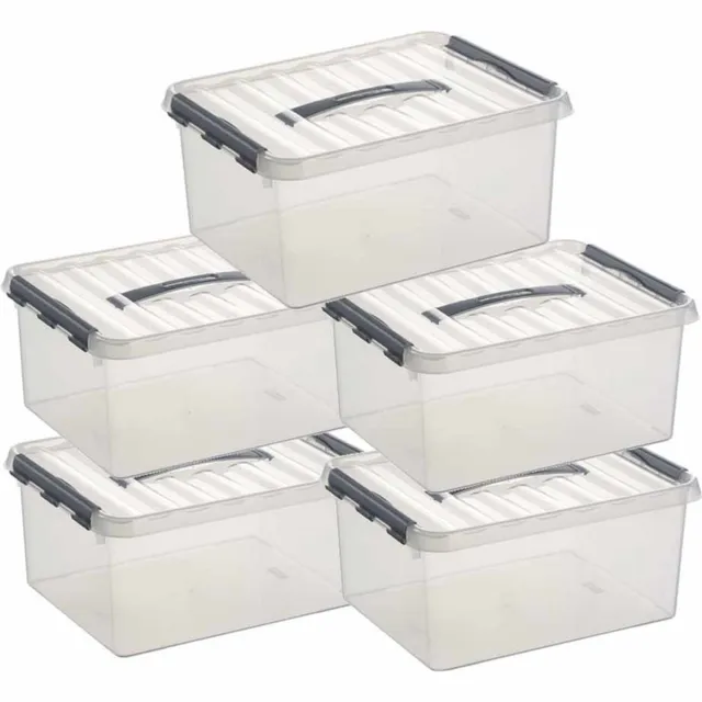 5x sunware q-line opberg box/opbergdoos - 15 liter - 40 x 30 x 18 cm - kunststof - opslagbox - transparant/zilver