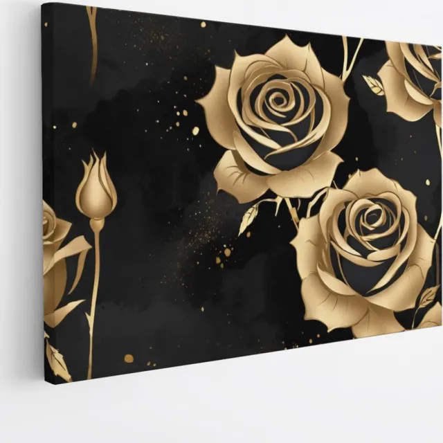 Saammp Canvas Schilderij - Bloemen - Zwart - Goud - Simpel - Abstract - 40x30 - Foto op canvas - Wanddecoratie - Muurdecoratie Woonkamer - Kantoor Decoratie Multicolor