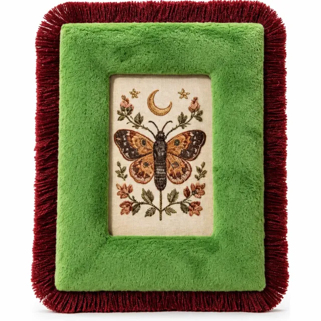 SWGOTA Grasgroene fluwelen fotolijst met bordeauxrode franjes, fotoformaat 10 x 15 cm, buitenmaat 20 x 26 cm, MDF met glas, horizontaal of verticaal neer te zetten