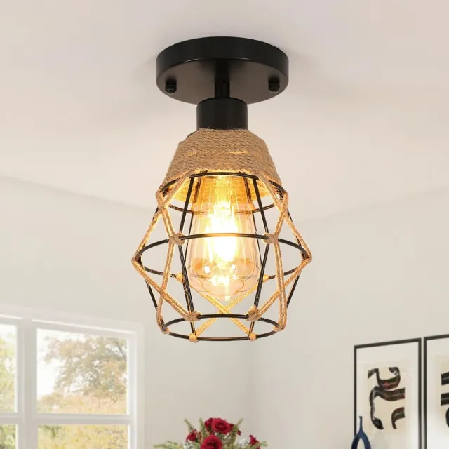 Haobosic Vintage zwarte plafondlamp van henneptouw E27 voor binnen, voor woonkamer, keuken, slaapkamer, rustieke antieke plafondlamp (lamp niet inbegrepen)