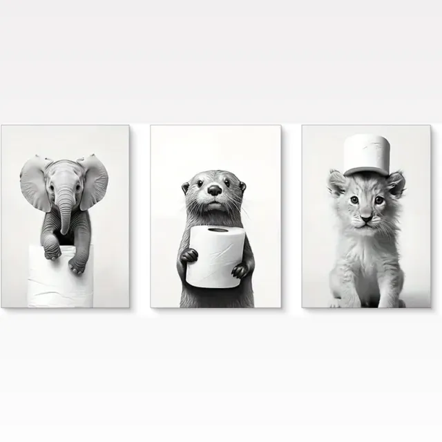 Unyqoos Set van drie grappige zwart-wit posters voor badkamer en toilet decoratie dieren