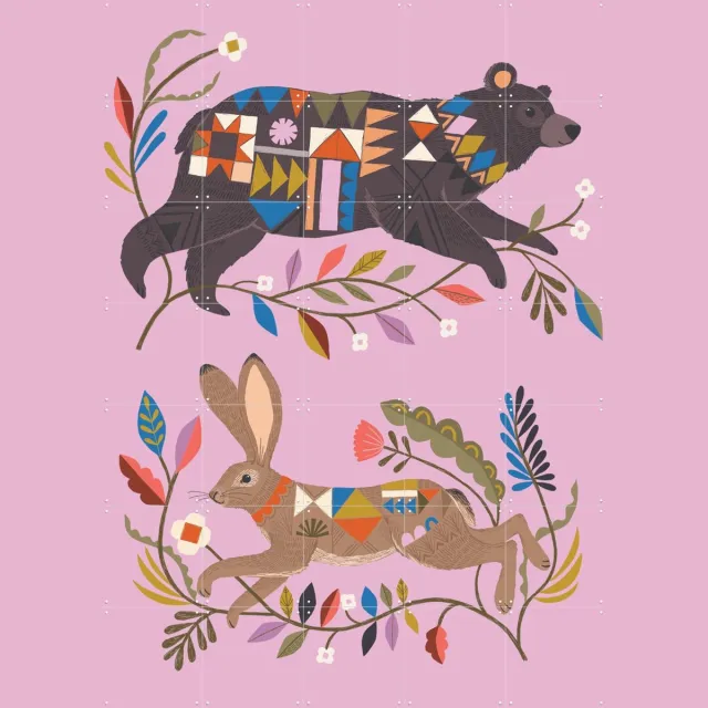 IXXI Bear & Rabbit, Bethan Janine - 100 x 140 cm - Grote wanddecoratie en posters - Speels, Fantasierijk, Illustraties, Kleurrijk, Babykamer Roze