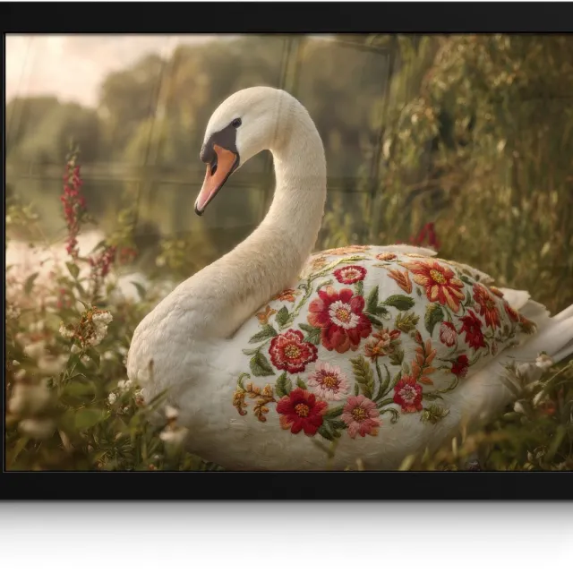 FrameYourWall Poster in lijst - Fotolijst 40x30 cm - Posters - Zwaan - Bloemen - Natuur - Posterlijst zwart - Decoratie - Wanddecoratie woonkamer - Muurdecoratie slaapkamer