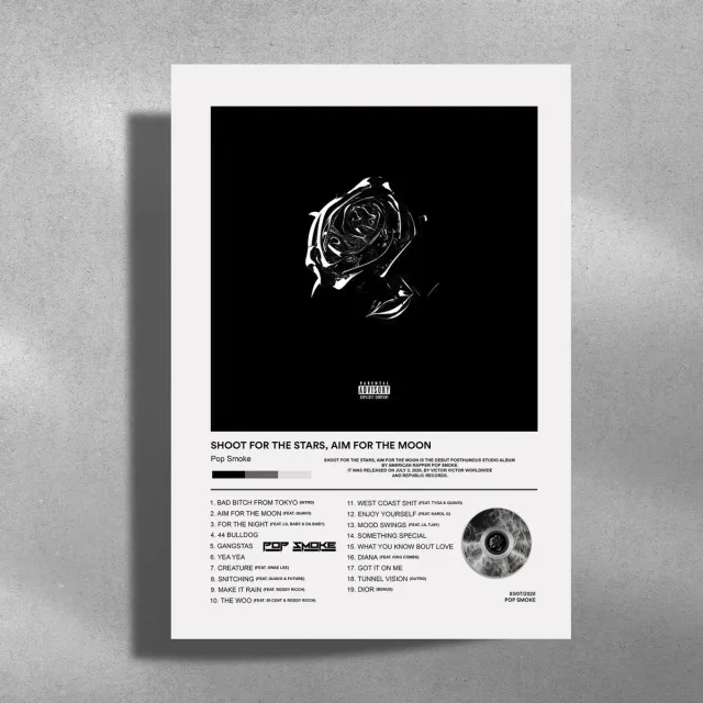 Luxe poster Pop Smoke - Metalen poster 30x40cm - Shoot for the stars, aim for the moon Zwart