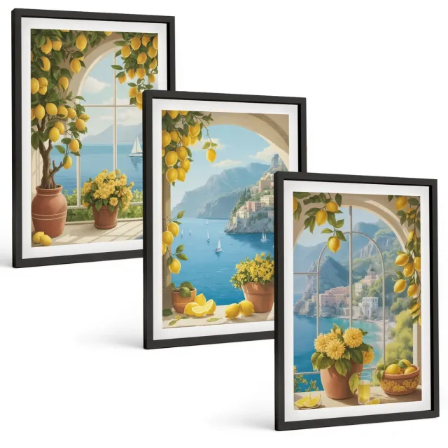 TULUP 4-Delige Schilderij Set - Zeegezichten met Italiaanse citroenen in de ramen. - 40 x 60 cm - Muurdecoratie - Schilderijen Set - Woonkamer - Woonkamer Decoratie Zwarte lijst