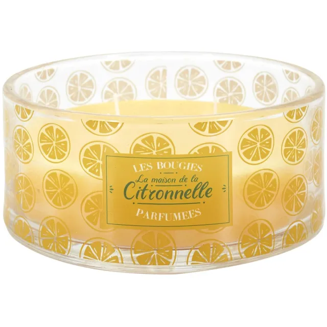 WDMT Citronella Geurkaars Ø 19 cm – Anti-Mug Buitenkaars met Citroengeur – Glazen Pot met 3 Lonten – Grote Tuinkaars voor Buiten, Terras & Camping – Muggenwerend – Citroen Soleil Geel