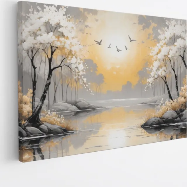 Saammp Canvas Schilderij - witte bomen met zon - Natuur - Landschap - 40x30 - Foto op canvas - Wanddecoratie - Muurdecoratie Woonkamer - Slaapkamer decoratie - Canvas Print Multicolor