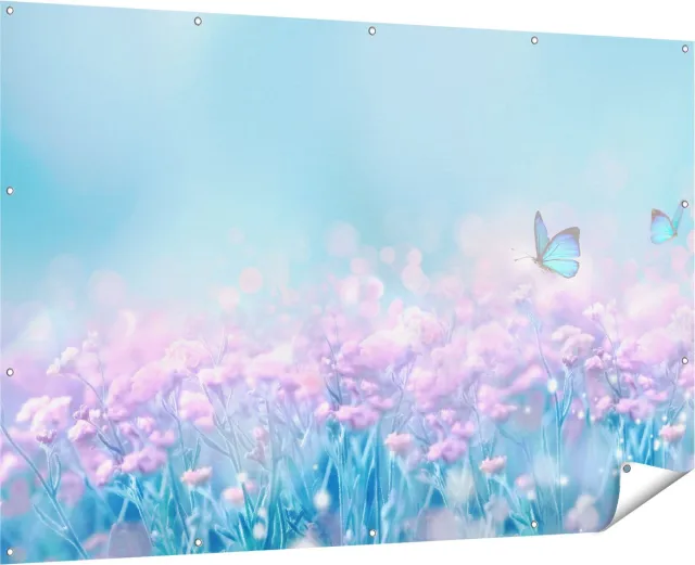 Gards Tuinposter Twee Blauwe Vlinders bij Roze Bloemen - 180x120 cm - Tuindoek - Tuindecoratie - Wanddecoratie buiten - Tuinschilderij Multikleur