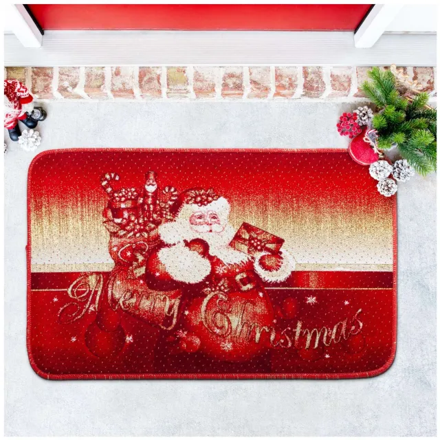 ANRO Kerst Deurmat Kerstman met Cadeauzak Rood 50x80cm – Glitter Antislip Merry Christmas Kerstmat
