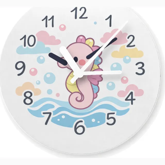 Mr Cadeautjes Glazen klok Ø 20 - design Onderwaterklok met een schattige zeepaardje-illustratie | cadeau Wit