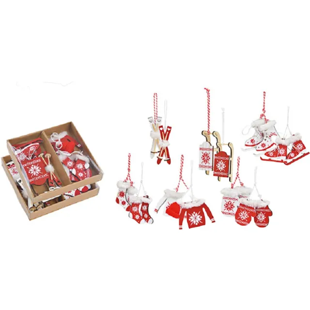 G. Wurm Wintersport kersthangers - 12x stuks - wit en rood - 6-10 cm - houten kerstversiering Multi