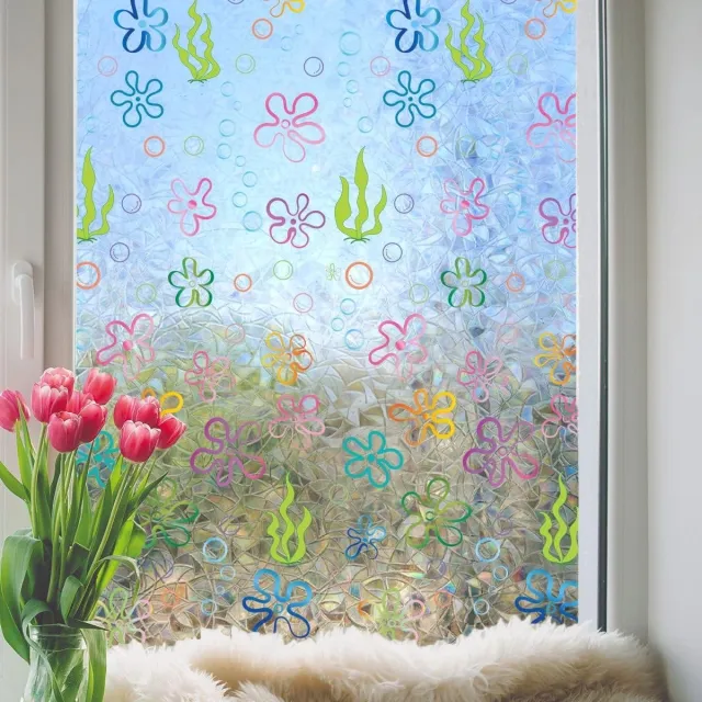 Cosensi Raamfolie Regenboog Bloem Bubbels 3D Decoratief Vinyl Glas-in-lood Onder de Zee Oceaan Zeewierstickers 40 x 101,6 cm Meerkleurig