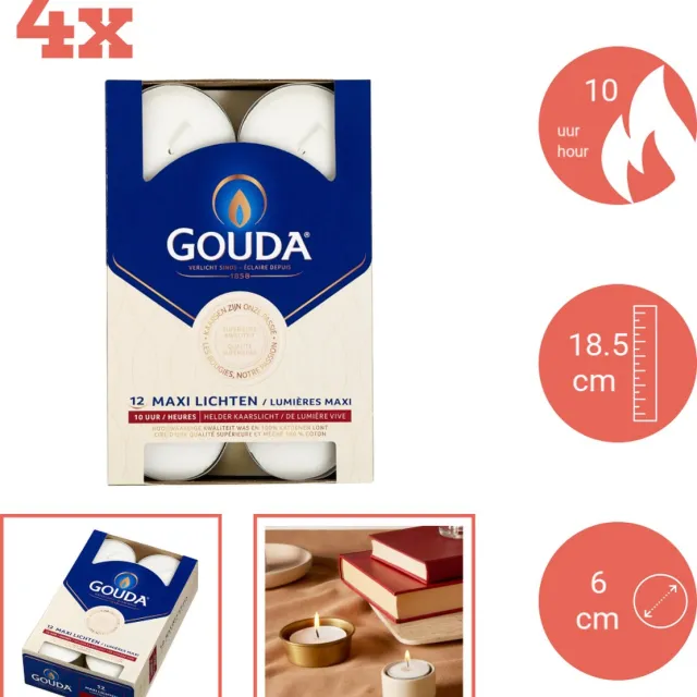 Gouda Maxi - Theelichten - 12 stuks per verpakking - Doos - Voordeelverpakking - 48 stuks - 4 verpakkingen Wit