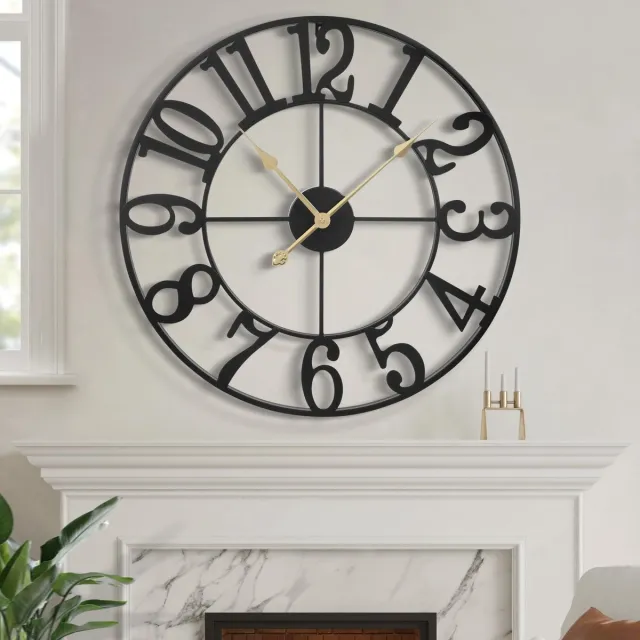 ‎HAITANG HAITANG Grote woonkamerklok voor aan de muur, zwarte ronde wandklok, metaal, 47CM wandklok zonder tikkend geluid, wandklokken op batterijen, stille Arabische cijfers, klokken voor slaapkamer, keukendecoratie