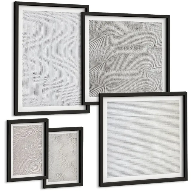 Coloray 5-Delige Schilderij Set - Patronen In Het Zand: Lineaire Geometrische Structuren - 50 x 50 cm, 20 x 30 cm En 40 x 60 cm - Wanddecoratie - Woonkamer Decoratie - Decoratieve Schilderijen Zwarte lijst