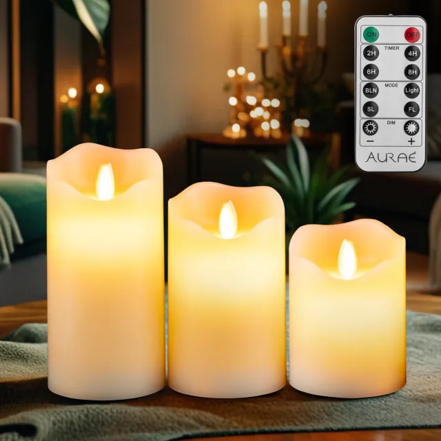 Aurae Led Kaarsen met Bewegende Vlam - 3x - Echte Wax - Afstandsbediening - 250+ Branduren - op Batterijen - Flikkerende Vlam - Timer - Kerst Kaarsen Ivoor • Bewegende Vlam