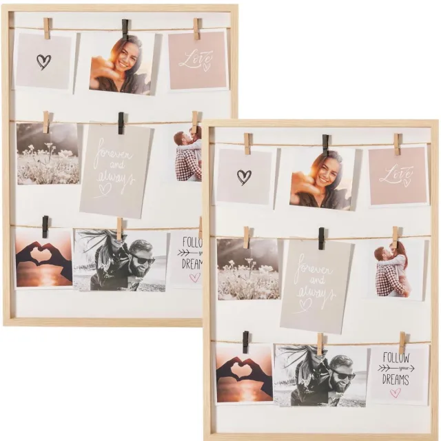 Home & Styling Collage fotolijst met knijpertjes - voor 2x foto - hout - naturel - 38 x 52 cm - wissellijst - klassiek