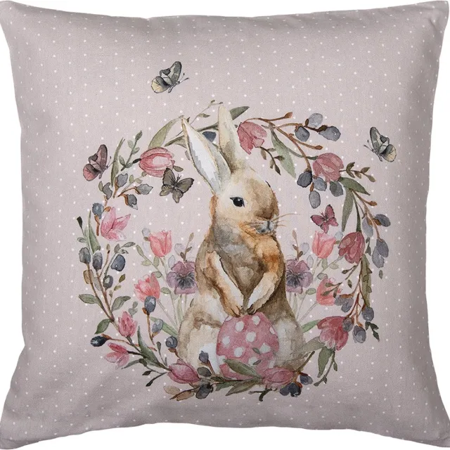 Clayre & Eef Kussenhoes 40x40 cm Beige Roze Katoen Konijn Bloemen