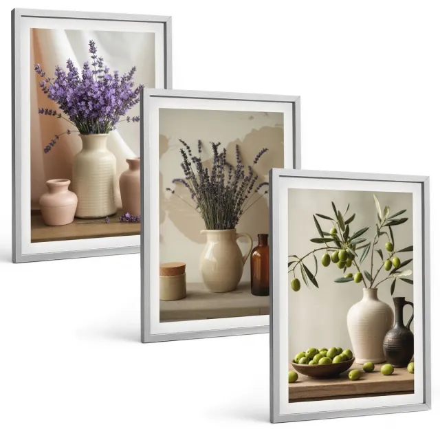 Coloray 3-Delige Schilderij Set - Lavendelbloemen, Olijven En Keramische Vazen - 40 x 60 cm - Muurdecoratie - Wanddecoratie - Hal - Moderne Wanddecoratie Zilveren lijst