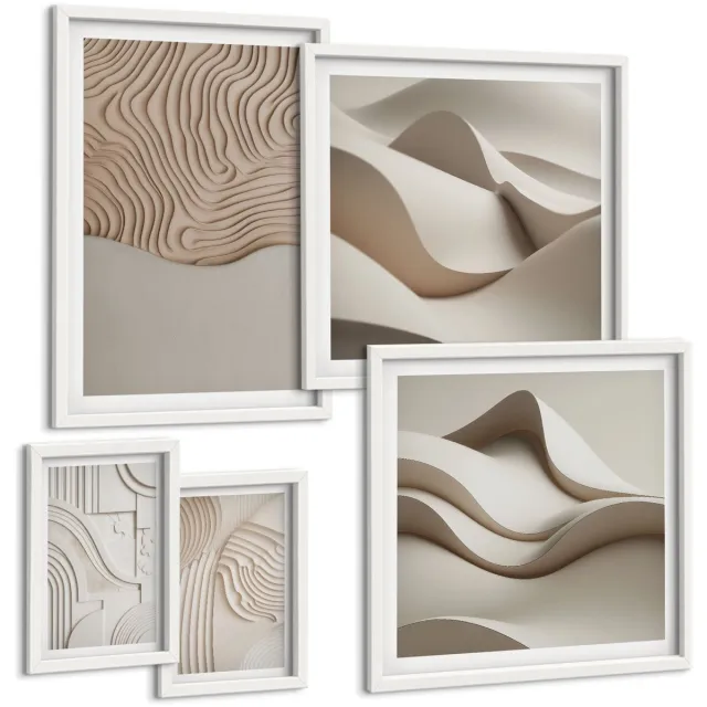 Coloray 5-Delige Schilderij Set - Abstracte Reliëfpatronen In Beigetinten - 50 x 50 cm, 20 x 30 cm En 40 x 60 cm - Wanddecoratie - Schilderijen Set - Kantoor - Stijlvolle Muurdecoratie Witte lijst