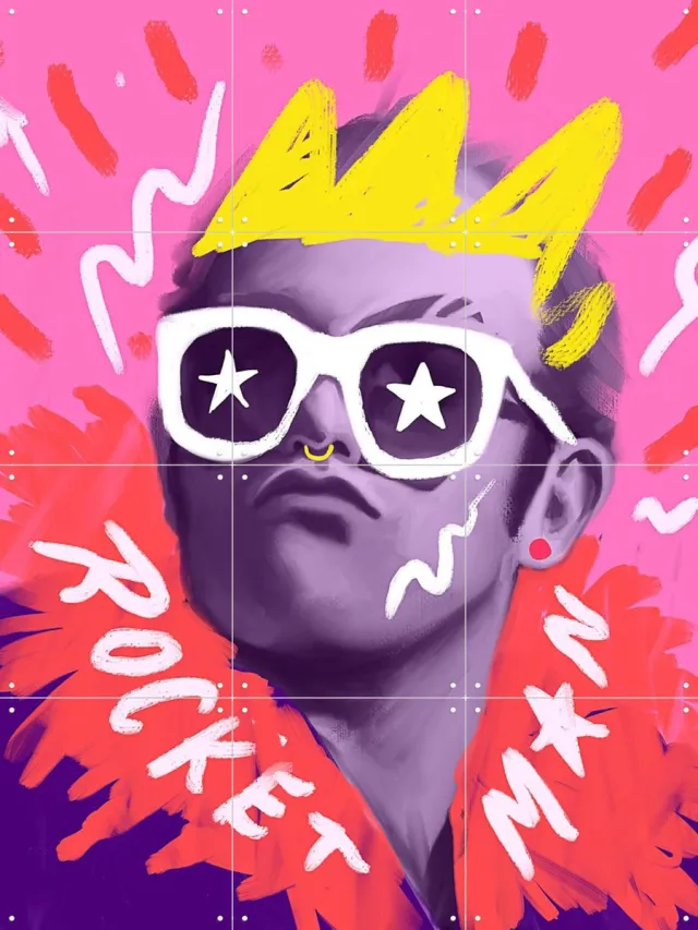 IXXI Rocketman Elton, Pop-art by Tadej - 60 x 80 cm - Grote wanddecoratie en posters - Kleurrijk, Digitale Kunst, Illustraties, Speels, Pop art Roze