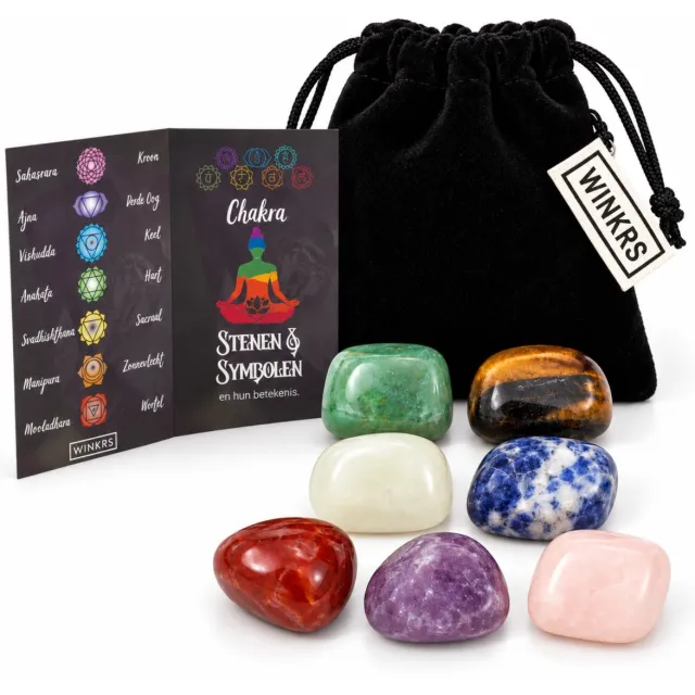 Winkrs Chakra Stenen Set – 7 Gepolijste Stenen met Bewaarzakje en Informatiekaartje – Meditatie en Decoratie- Healing Stones 7 Chakra stenen