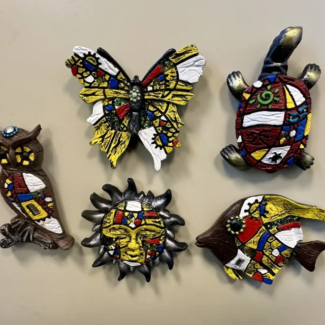 Impuls Koelkastmagneten "Dieren + zon" - Set van 5 stuks - uil/zon/vlinder/schildpad/vis - Polyresin - meerkleurig bruin + geel - hoogte 8 x 7 x 1 cm - Koelkastmagneten - Woondecoratie - Woonaccessoires Meerkleurig - geel