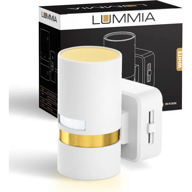 LUMMIA Stekkerlamp - Bewegingssensor Lamp Binnen - Nachtlampje Stopcontact - Stekkerspot - Warm Licht - ABS-Kunststof - 5.5 x 8.8 CM - Goud/Wit Wit/Goud