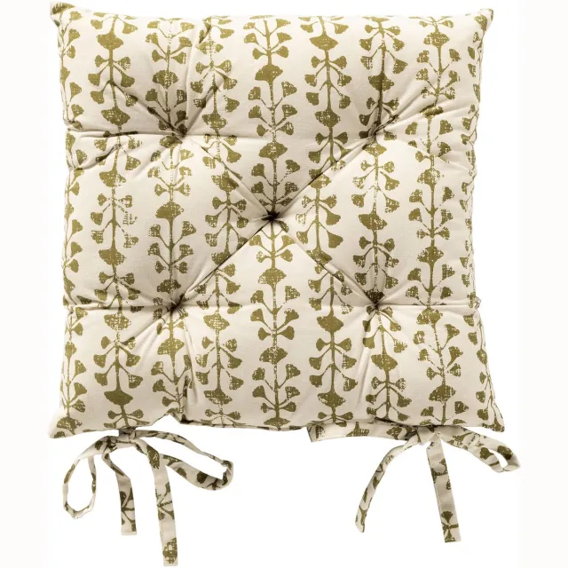 Dutch Decor FRANCINE - stoelkussen 40x40 cm - bladmotief - met striklinten - Green Moss - groen, wit - Zitkussen Mosgroen