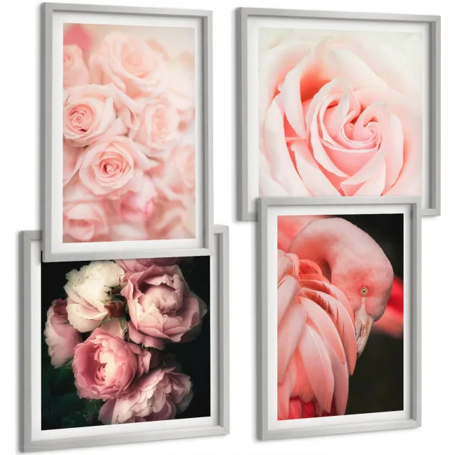 TULUP 4-Delige Schilderij Set - Pastelrozen en flamingo's in delicate tinten - 40 x 40 cm en 40 x 60 cm - Muurdecoratie - Wanddecoratie - Hal - Interieur Decoratie Zilveren lijst