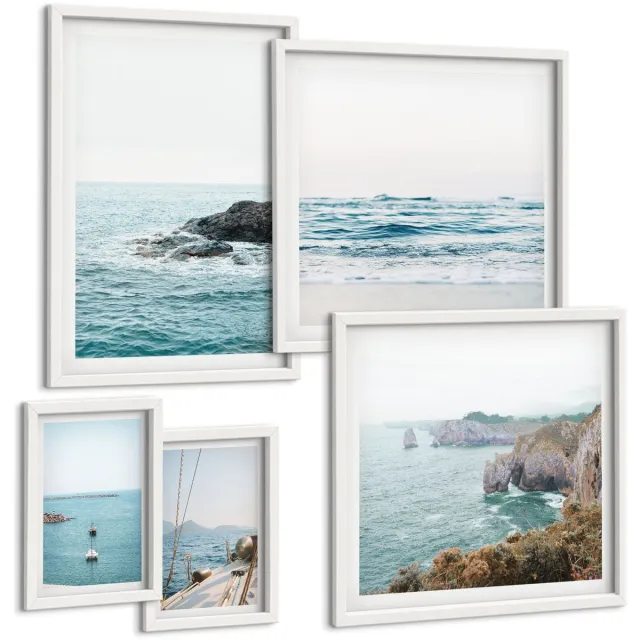 TULUP 4-Delige Schilderij Set - Rustig uitzicht op zee met stranden en kliffen - 50 x 50 cm, 20 x 30 cm en 40 x 60 cm - Wanddecoratie - Woonkamer Decoratie - Muurdecoratie Witte lijst