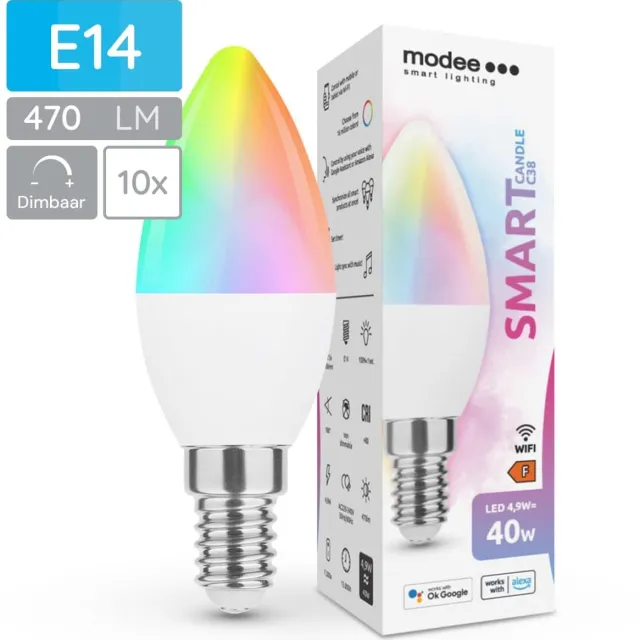 Modee Smart E14 Led Lamp - 4.9 W - Slimme Lamp - App Bediening - RGB en Neutraal Wit - B35 Kaarslamp - 10 Stuks