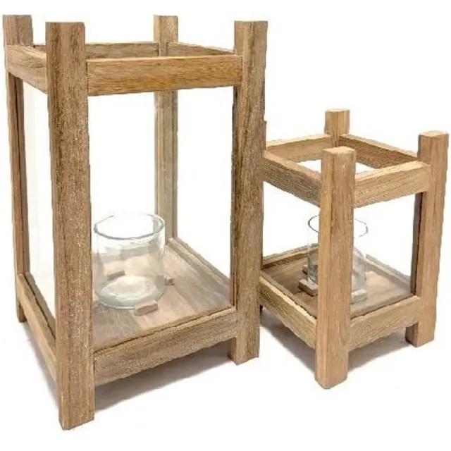 van der Leeden Teakhouten Windlicht - 45 x 26 cm - Naturel - Set van 2