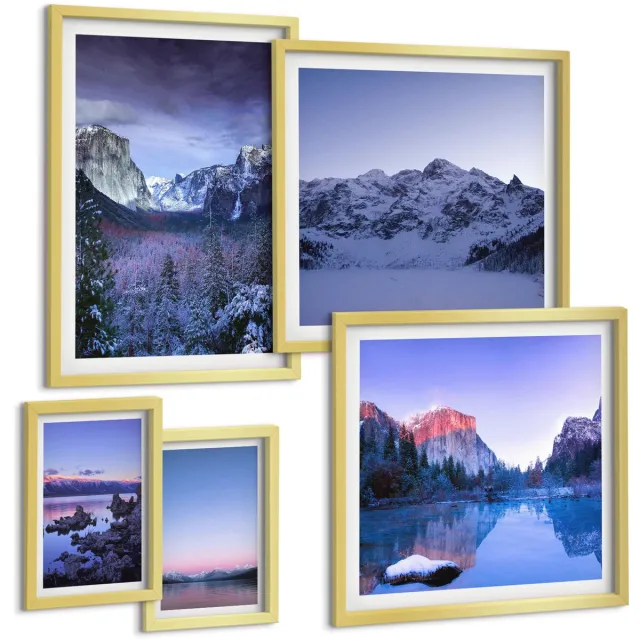 TULUP 5-Delige Schilderij Set - Berglandschappen met pittoreske meren en bossen - 50 x 50 cm, 20 x 30 cm en 40 x 60 cm - Stijlvolle Wanddecoratie - Interieur - Moderne Wanddecoratie Gouden lijst