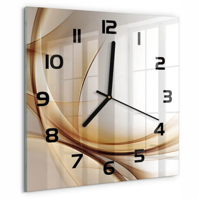 TULUP Wandklok - Golfabstractie Glazen Wandklok Design - 30x30 cm - Beige Klok Glas Met Opdruk - Zwarte handen - Vierkante Klok - Wandklok Glas Met Motief - Decoratieve Glazen Klok
