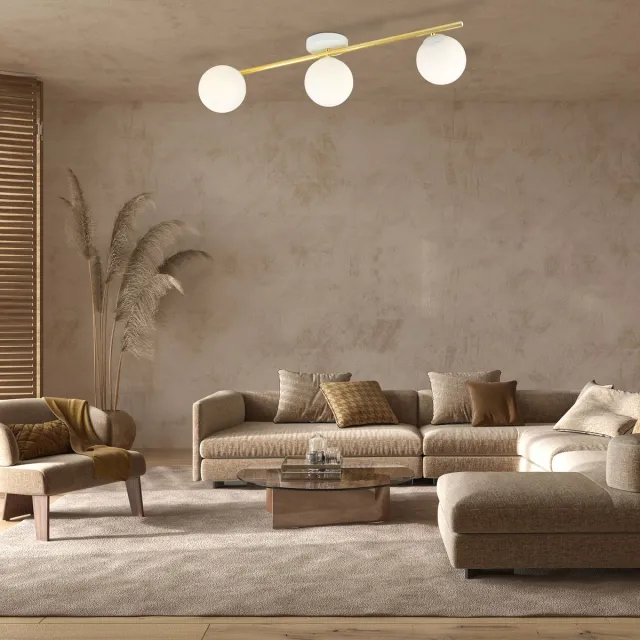 Emibig Design plafondlamp 3x E14 wit met messing en melkglas bollen - Perfect voor een stijlvolle ambiance