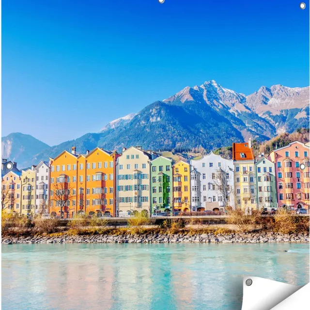 Gards Tuinposter Gekleurde Huisjes in Innsbruck, Oostenrijk - 90x90 cm - Tuindoek - Tuindecoratie - Wanddecoratie buiten - Tuinschilderij Multikleur