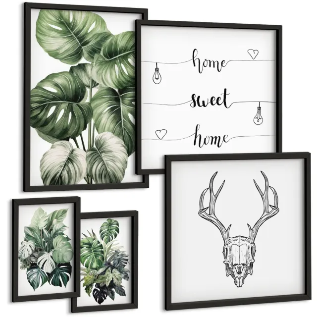 Coloray 5-Delige Schilderij Set - Plantmotieven Met Natuurelementen En Het Woord 'Thuis'. - 50 x 50 cm, 20 x 30 cm En 40 x 60 cm - Schilderijen Set - Wanddecoratie - Woonkamer - Stijlvolle Muurdecoratie Zwarte lijst
