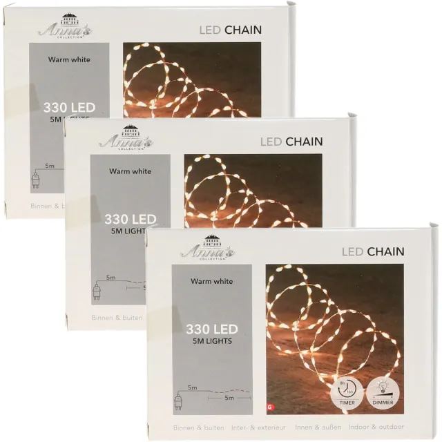 Anna's Collection Draadverlichting lichtsnoer - 3x - 330 leds - warm wit - zilver draad - 500 cm - lichtdraad - kerstverlichting