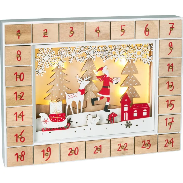 Brubaker Herbruikbare Houten Adventskalender om zelf te vullen - Kerstman in het bos met LED-verlichting - Doe-het-zelf-kalender 35,5 x 6 x 27 cm Kerstman in bos