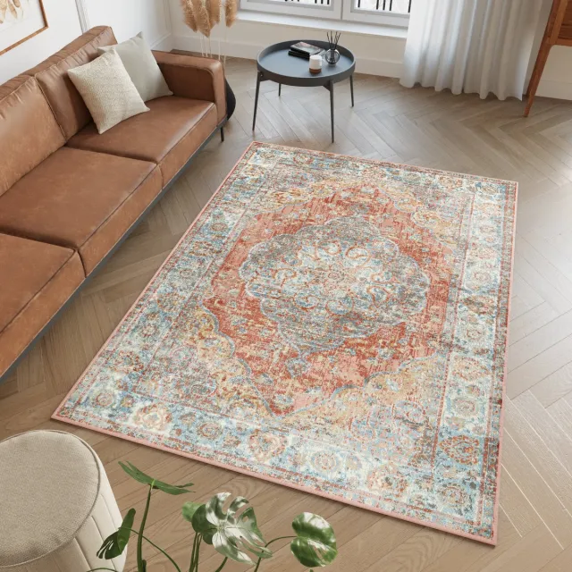 Tapiso Retro Vloerkleed Rood Blauw Rosette Vintage Tapijt Beige Blauw